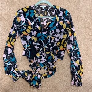 Bar III Black Floral Tie-Front Wrap Blouse
